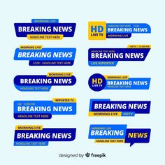 blue and yellow speech bubbles with breaking news written on them, set of nine banners