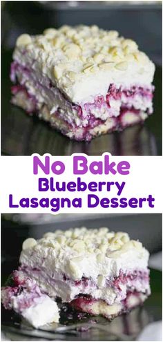 no bake blueberry lasagna dessert is shown in two different pictures, one with