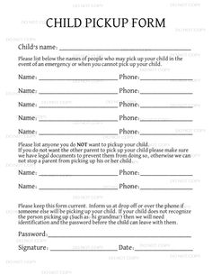 a child's pickup form with the name and phone number in black on it