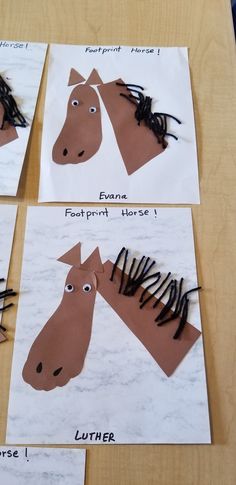 four different pictures of horses made out of construction paper on a table with scissors and glue