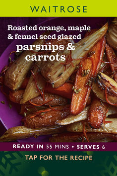 a purple plate topped with roasted oranges and parsnips