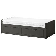 a bed with two drawers underneath it and a mattress in the bottom drawer, on a white background