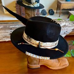 Each Hat Is Made To Order And Hand Crafted. Attention To Detail And Your Design Integrated With Crafters Touch. Please Allow 5-7 Business Days To Ship! Unique Hats For Men, Fitted Black Fedora For Festivals, Custom Black Hat Bands For Kentucky Derby, Custom Black Fedora For Rodeo, Fitted Black Country Fedora, Black Fedora For Fall Country Events, Black Fedora For Country Events In Fall, Black Fitted Country Fedora, Black Fitted Country Style Fedora