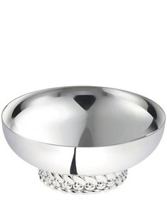 a silver bowl with chains on the rim