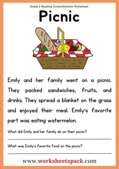 the picnic worksheet for kids to learn how to read and understand what food is in