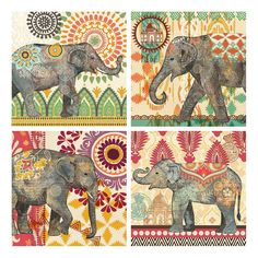 an elephant is shown in four different colors and patterns on the same piece of paper