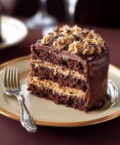 a piece of chocolate cake on a plate with a fork