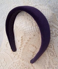 Purple headband made from a good quality soft velvet fabric measures 1 1/2" wide at the center of the headband.  The color is not as vibrant as the photo displays...a bit more muted, dark and elegant.  color best described as the color of an eggplant skin.  I will gladly mail you a swatch if you like upon request.   lined with matching gimp.  available in other widths as shown in the last photo.  this 1 1/2" width is second from the top in group photo.  other widths are for sale elsewhere on my Dark Purple Accessories, Purple Headband, Dark Purple Hair, Gray Headband, Purple Accessories, Purple Headbands, Woven Headband, Purple Halloween, Purple Girls