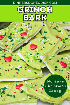 Make your holiday a little more mischievous with this Grinch Bark recipe! This no-bake Christmas candy is a colorful, sweet treat that kids and adults alike will love. With festive green chocolate, holiday sprinkles, and heart-shaped candies, this Grinch-inspired bark is perfect for parties, movie nights, and holiday gifting. It’s an easy to make holiday dessert, so add a touch of cheer (and a little grinching!) to your snack table! #GrinchBark #ChristmasCandy #NoBakeRecipe #FestiveDesserts Green Treats For Kids, Grinch Fudge Easy, Grinch Snacks For Kids Christmas Parties, Green Grinch Food, Grinch Day Snacks Kids, Grinch Holiday Treats, Grinch Christmas Bark, Grinch Movie Night Snacks