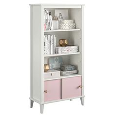 a white bookcase with pink drawers and shelves on it's sides, against a white background