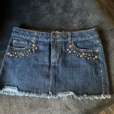 Never Worn Denim Mini Skirt With Rhinestones. Super Cute With Fringed Bottom. Juniors Embellished Dark Wash Denim Bottoms, Skirt With Rhinestones, Patchwork Denim, Denim Patchwork, Denim Mini, Denim Mini Skirt, Denim Skirt, Mini Skirt, Womens Skirt