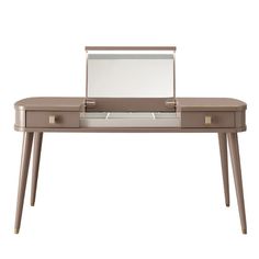 a desk with a mirror on top of it and two drawers underneath the table, both side by side