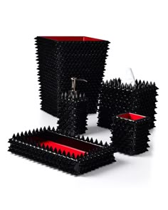 black and red bathroom accessories on white background