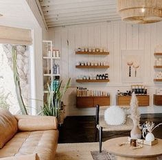 a living room filled with furniture and lots of shelves