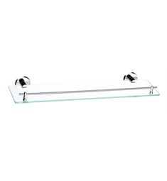 a glass shelf with two chrome fittings and a towel bar in the middle, against a white background