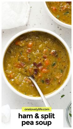 Made with tender split peas, smoky ham & savory veggies, our homemade ham & split pea soup recipe is the perfect comfort food! This easy pea soup is a great way to use leftover ham from the holidays and warms you up from the inside out. It's thick, hearty, naturally gluten-free, and high in protein and fiber, to boot. Get the recipe and more healthy soup recipes to try at One Lovely Life