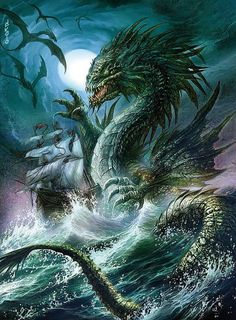 an image of a dragon attacking a ship in the ocean with two men on it