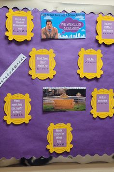 a bulletin board with pictures and magnets attached to it's purple paper frame