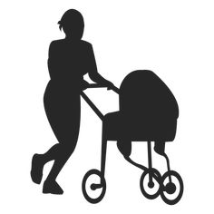 a silhouette of a woman pushing a baby stroller with the wheels extended to it