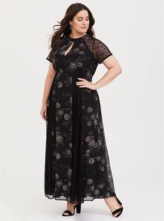 Black Floral Chiffon Lace Maxi Dress, DEEP BLACK Plus Size Gowns Formal, Floral Lace Maxi Dress, Plus Size Black Dresses, Formal Occasion Dress, Plus Size Cocktail Dresses, Special Dresses, Lace Short, Cocktail Party Dress, Lace Inset