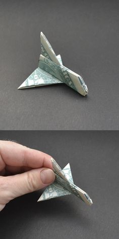 two pictures of a folded dollar bill origami airplane