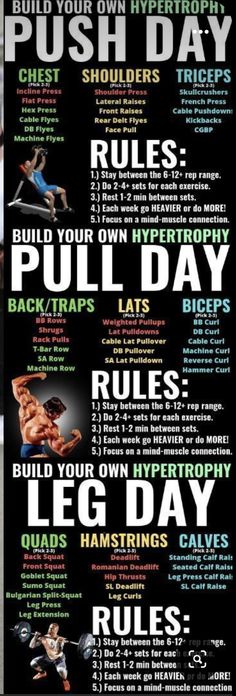 a poster with the words push day and rules for pull - ups, leg day