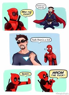 the comic strip shows deadpool and spider - man in different poses, with captioning