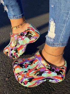 DETAILS Hole shoe Thick sole Platform heels Casual style Platform Crocs, Chunky Platform Sandals, Purple Leopard Print, Cute Slippers, Leopard Shoes, Black Platform Heels, Platform Clogs, High Heel Wedges, Casual Heels