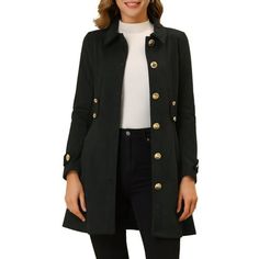 This trench coat is chic, helping you show your unique charm. Button decor refreshes the look of a point collar trench coat cinched at the waist by a casual tie belt. Match with skinny jeans and boots for a style. Measurement (in inches) International Size----------Chest Girth----------Shoulder Width----------Total Length XS------------------------------35 ---------------------14 1/4------------------------------33 S--------------------------------37 ---------------------14 3/4------------------ Chic Button-up Outerwear With Covered Buttons, Trendy Solid Pea Coat With Button Closure, Trendy Solid Color Pea Coat With Button Closure, Solid Pea Coat With Buttons For Office, Solid Pea Coat With Buttons For Fall, Trendy Button-up Pea Coat With Buttons, Chic Black Outerwear With Covered Buttons, Elegant Black Button-up Pea Coat, Trendy Pea Coat For Workwear With Buttons