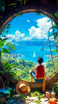 a woman sitting on top of a wooden boat surrounded by greenery