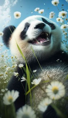 a panda bear laying in the grass with daisies around it's neck and mouth