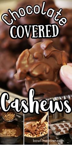 chocolate covered cashews are being held up by someone's hand and spoon