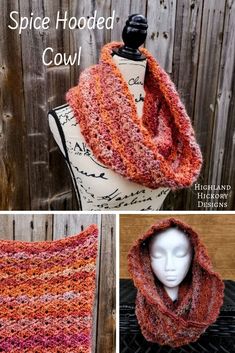 three pictures showing different ways to crochet a cowl with text that reads, spice hooded cowl