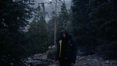 a man standing in the middle of a forest with trees and rocks on both sides