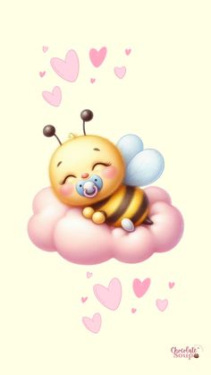 a cute little bee sleeping on top of a pink cloud with hearts in the background