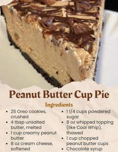 a piece of chocolate peanut butter cup pie on a plate with instructions for the recipe