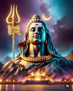 an image of the statue of lord rama in front of mountains and sky with lights