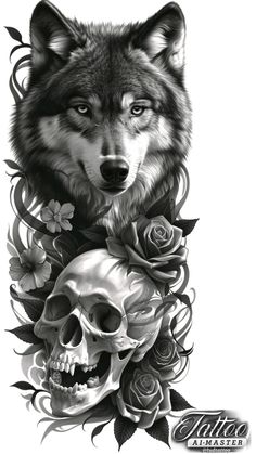 a drawing of a wolf with roses on it's neck and two skulls in the foreground