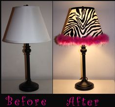 before and after photos of a lamp with pink feathers