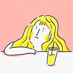 a drawing of a woman sitting at a table with a drink in front of her