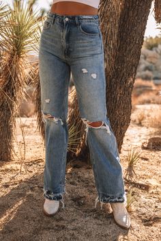 ~ 100% Cotton ~ High rise denim ~ Distressed wider leg denim ~ Raw hem ~ Model is 5'9" wearing a size 28 High Rise Denim, Denim Overalls, Wide Leg Denim, Ripped Jean, The 90s, Senior Pictures, Bathing Suit, Bathing Suits, Jay