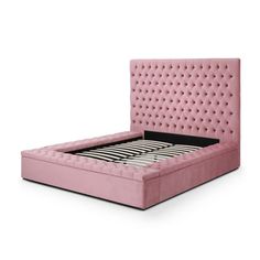 a pink bed frame with buttons on the headboard and foot board, in front of a white background