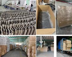 several pictures of boxes and other items in a warehouse