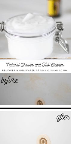 the before and after pictures of how to clean your bathtub with natural shower and tub cleaner