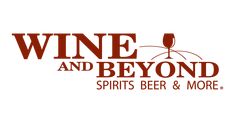 the wine and beyond logo is shown on a white background with red lettering that reads, spirits beer & more