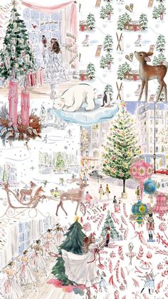 a christmas scene with people and animals in the snow, trees, and other holiday decorations