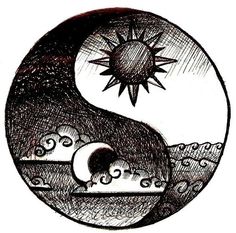 an image of the sun and moon on top of a yin - yang symbol in black ink