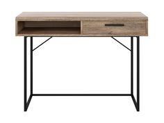 Modern wooden desk with white metal legs, featuring a spacious rectangular surface, sleek minimalist design, and light oak finish, perfect for home office or study room. Faux Wood Finish, Computer Desk With Storage, Furniture Canada, Storage Cubby, Wood Computer Desk, Desk With Storage, Reno Ideas, Smart Storage, Drawer Slides