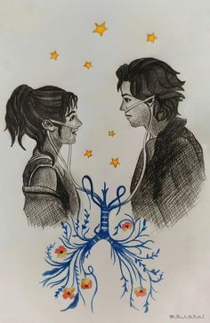 a drawing of two people facing each other with stars in the sky above their heads