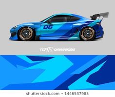 a blue sports car with an abstract design on the front and side view, is shown in